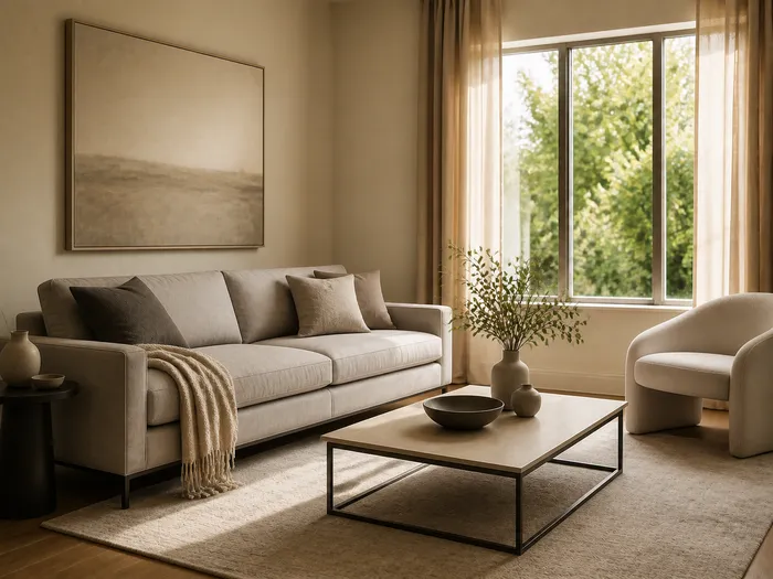 The same living room styled as Modern: clean lines, restrained colour, uncluttered surfaces.