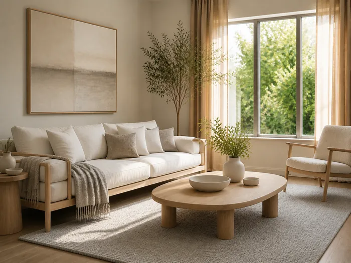 The same living room styled as Scandinavian: pale woods, soft textiles, white and grey, plenty of visual air.