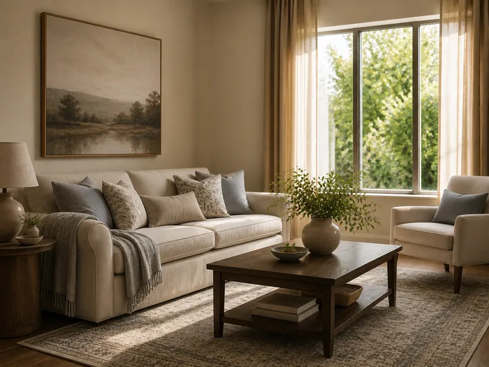 The same living room styled as Transitional: classic shapes in current colours, neither ornate nor stark.