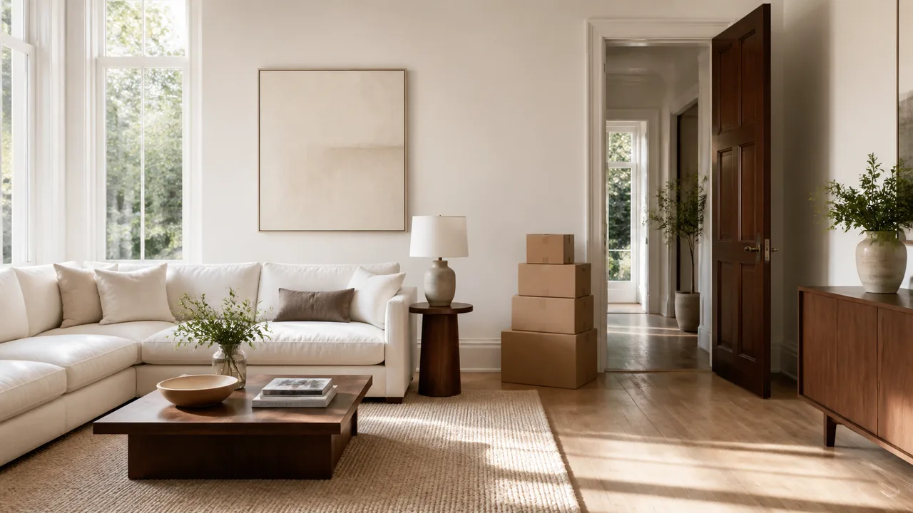 A calm tidy living room with clear surfaces and a few neat moving boxes stacked by the door