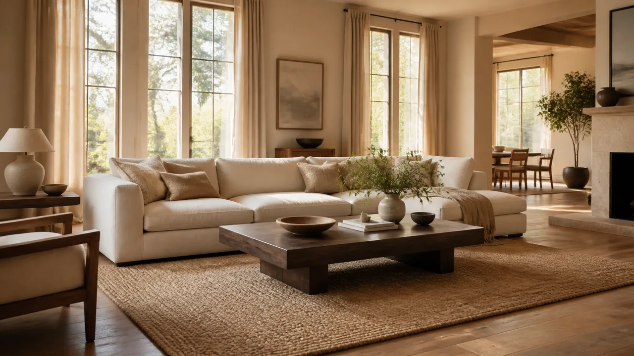 A warm styled living room with cream sofas, a dark wood coffee table and tall bright windows