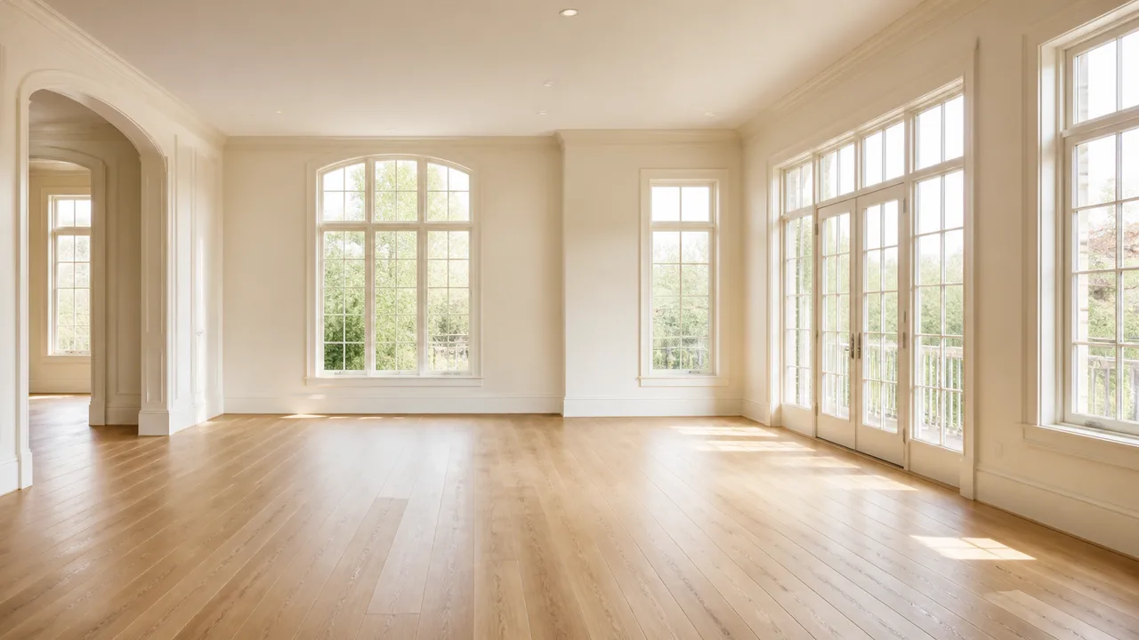 A completely empty bright living room: bare oak floor, cream walls and tall windows full of daylight